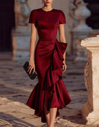 Solid Color Satin Ruffled Fishtail Midi Dress