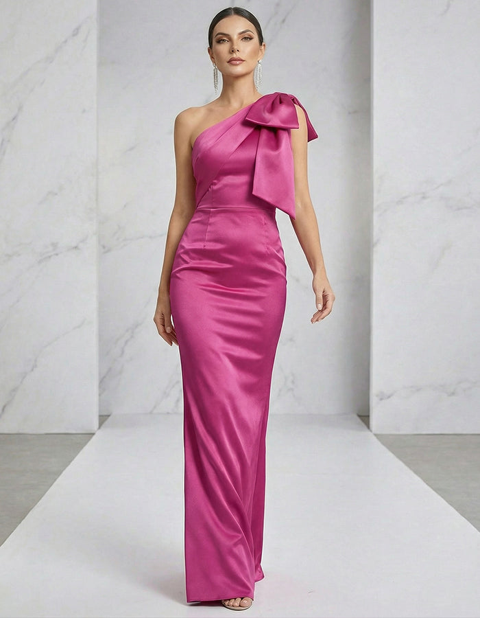 Rose Red Satin One Shoulder Fishtail Bow Maxi Dress