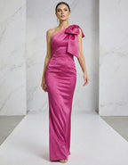 Rose Red Satin One Shoulder Fishtail Bow Maxi Dress