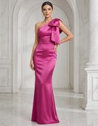 Rose Red Satin One Shoulder Fishtail Bow Maxi Dress