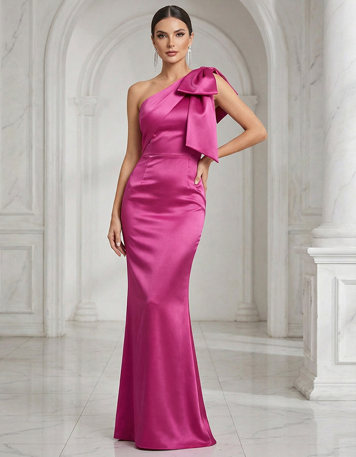 Rose Red Satin One Shoulder Fishtail Bow Maxi Dress