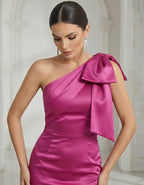 Rose Red Satin One Shoulder Fishtail Bow Maxi Dress