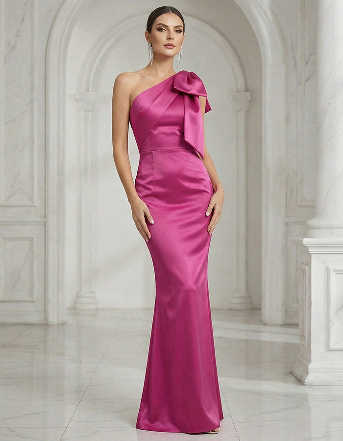 Rose Red Satin One Shoulder Fishtail Bow Maxi Dress