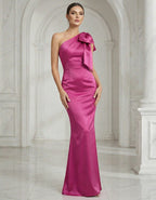 Rose Red Satin One Shoulder Fishtail Bow Maxi Dress