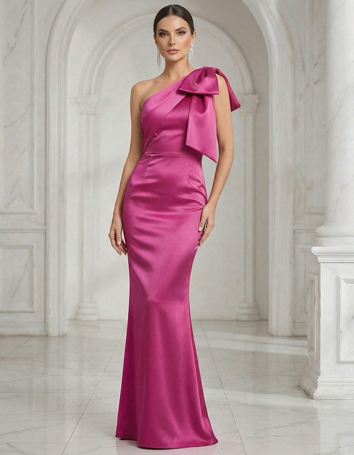 Rose Red Satin One Shoulder Fishtail Bow Maxi Dress