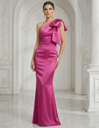 Rose Red Satin One Shoulder Fishtail Bow Maxi Dress