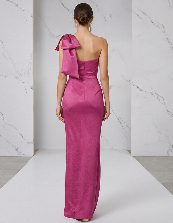 Rose Red Satin One Shoulder Fishtail Bow Maxi Dress