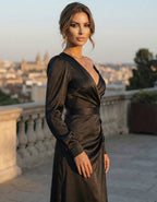 Black Satin Off The Shoulder Deep V-Neck High Slit Maxi Dress