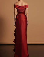 Burgundy Sequined Strapless Ruffled Maxi Dress