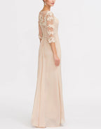 Nude Lace Trimmed Chiffon Maxi Dress