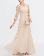 Nude Lace Trimmed Chiffon Maxi Dress
