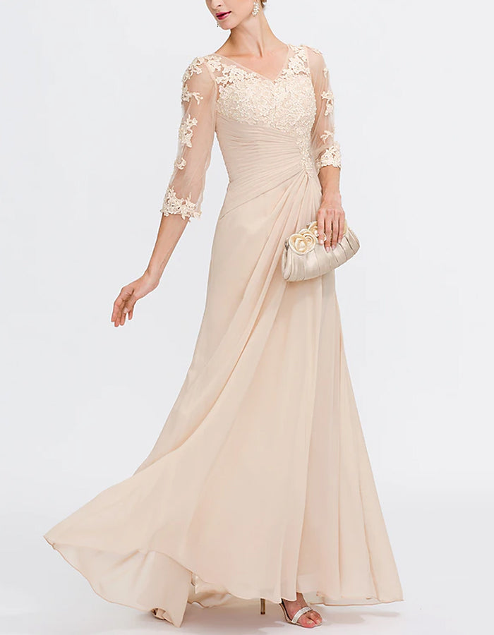 Nude Lace Trimmed Chiffon Maxi Dress