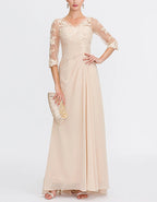 Nude Lace Trimmed Chiffon Maxi Dress