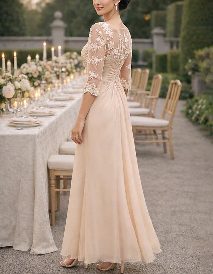 Nude Lace Trimmed Chiffon Maxi Dress