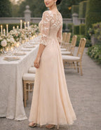Nude Lace Trimmed Chiffon Maxi Dress