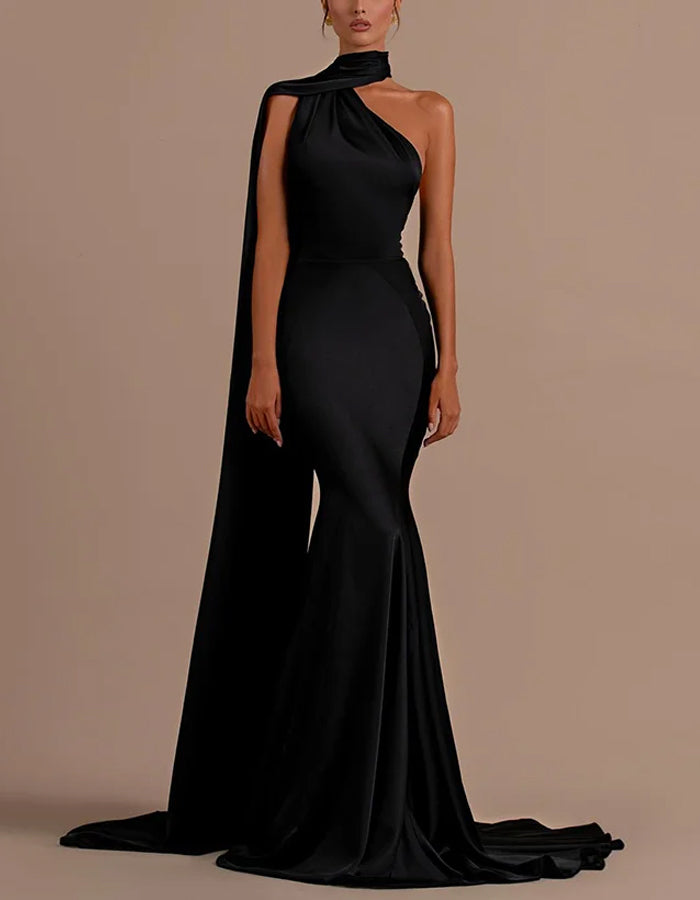 Black Satin One Shoulder Fishtail Maxi Dress