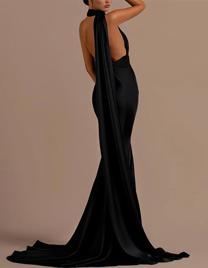 Black Satin One Shoulder Fishtail Maxi Dress