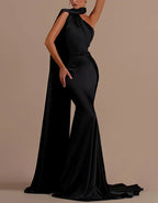 Black Satin One Shoulder Fishtail Maxi Dress