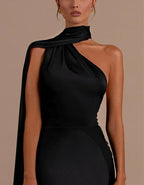 Black Satin One Shoulder Fishtail Maxi Dress