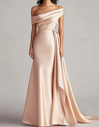 Solid Color Satin One Shoulder Draped Maxi Dress