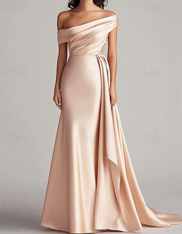 Solid Color Satin One Shoulder Draped Maxi Dress