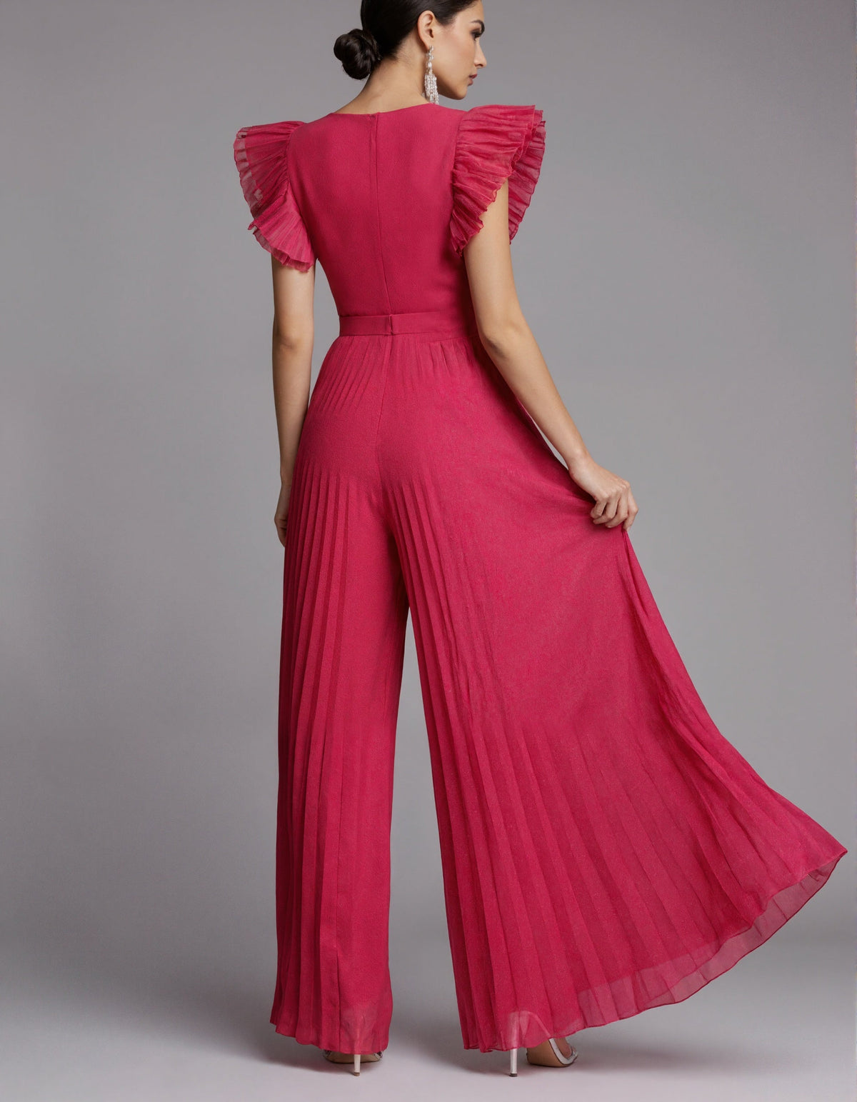 Rose Red Chiffon Ruffled Wide Leg Jumpsuit