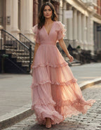 Pink Chiffon Ruffled Hem Maxi Dress