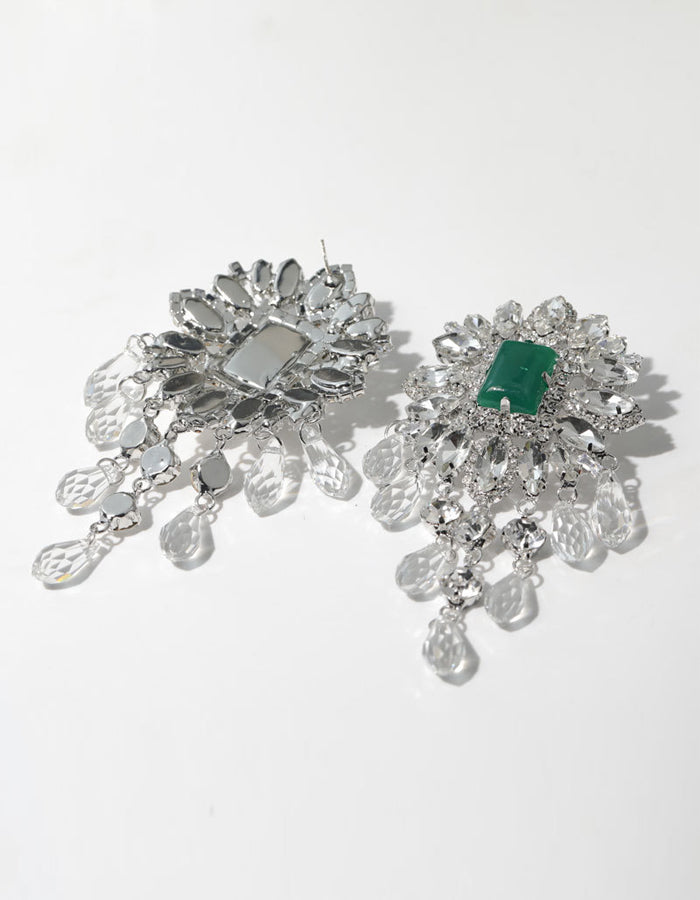 Rhinestone Flower Teardrop Tassel Earrings