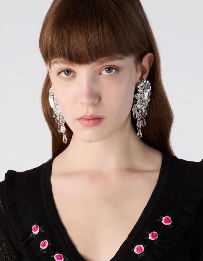 Rhinestone Flower Teardrop Tassel Earrings