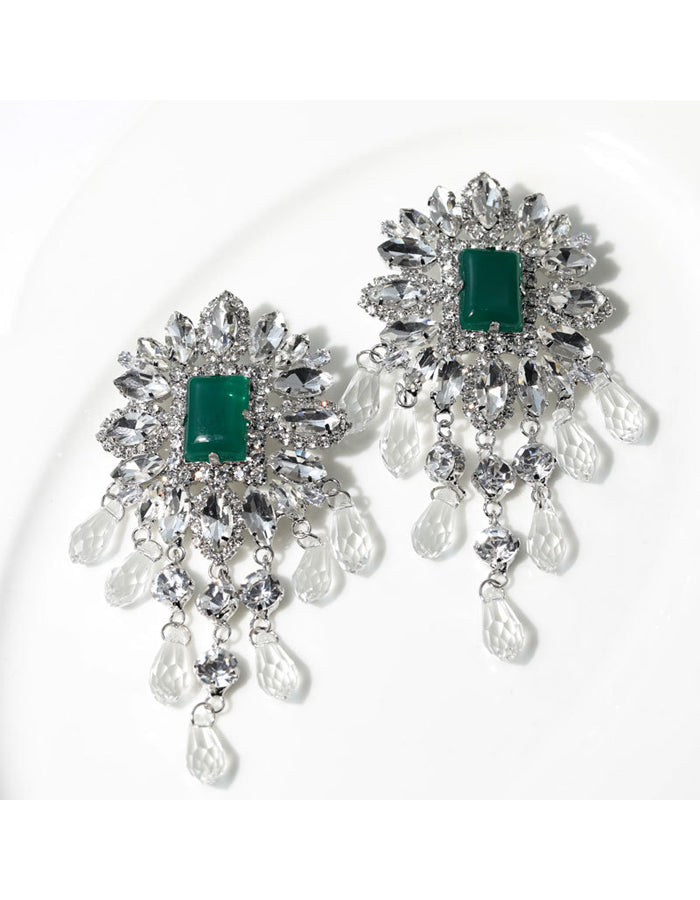 Rhinestone Flower Teardrop Tassel Earrings