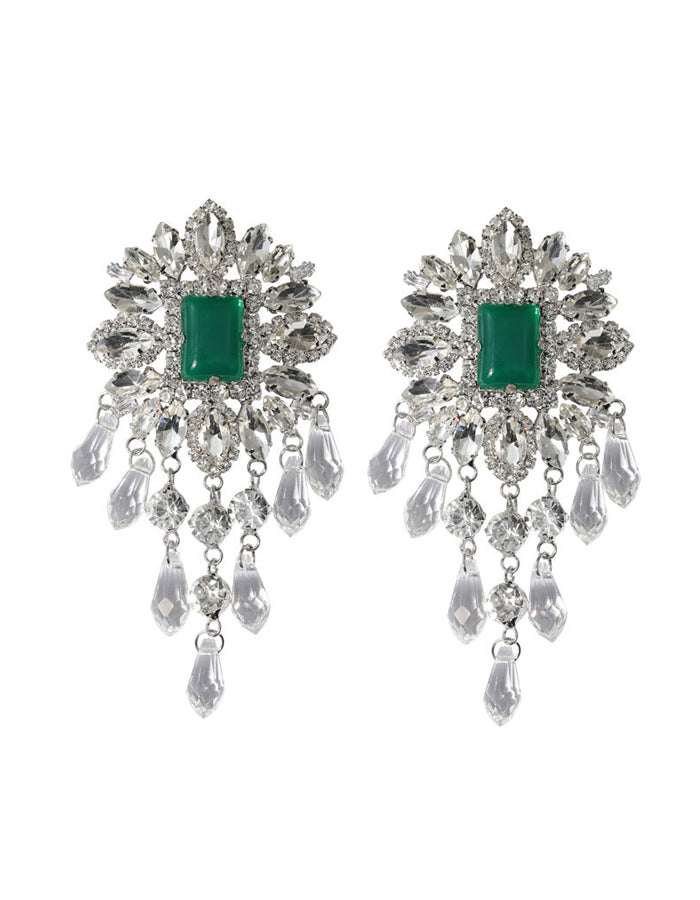 Rhinestone Flower Teardrop Tassel Earrings