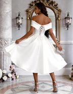 Solid Color Satin Off Shoulder Fitted Waist Full Midi Dress