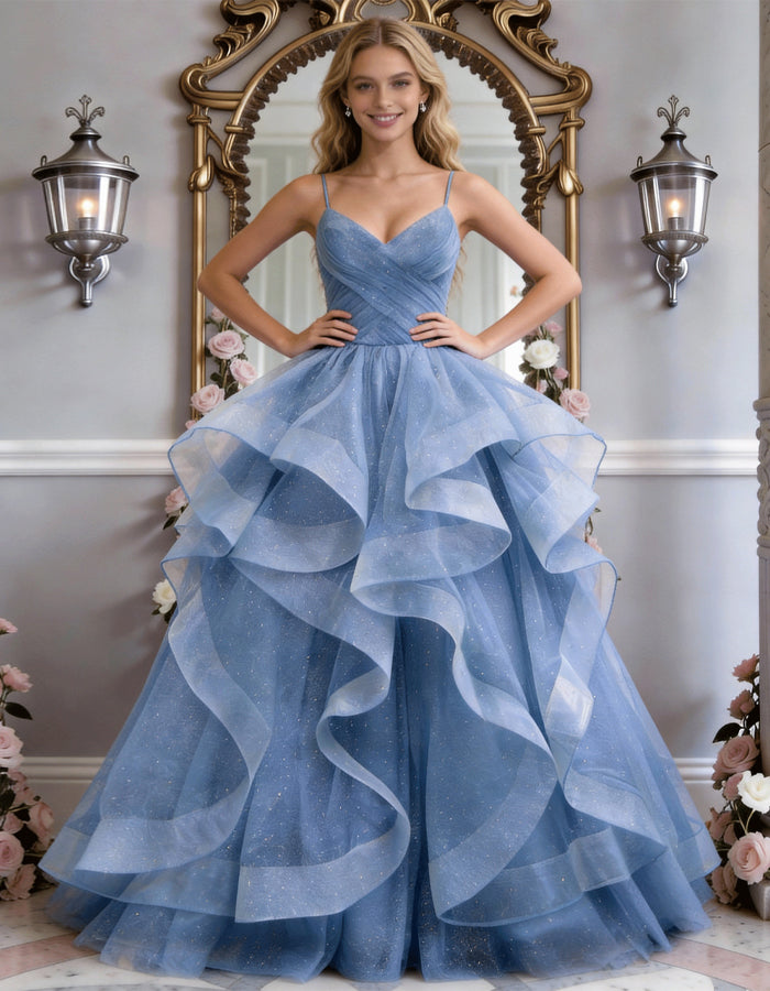 Solid Color Glitter Ruffled Hem Maxi Dress