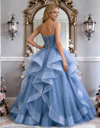 Solid Color Glitter Ruffled Hem Maxi Dress