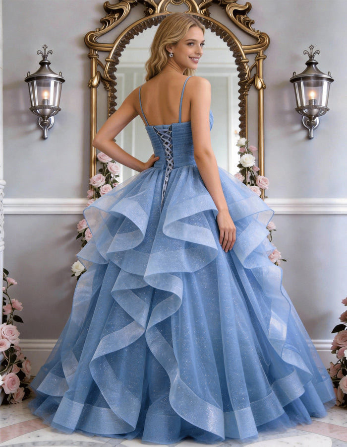 Solid Color Glitter Ruffled Hem Maxi Dress