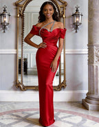 Solid Color Satin Off Shoulder Rhinestone Fishtail Maxi Dress
