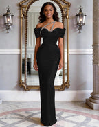 Solid Color Satin Off Shoulder Rhinestone Fishtail Maxi Dress