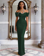 Solid Color Satin Off Shoulder Rhinestone Fishtail Maxi Dress