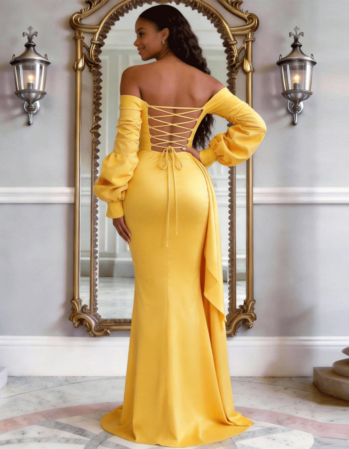 Solid Color Satin Off Shoulder Puff Sleeve Fishtail Maxi Dress