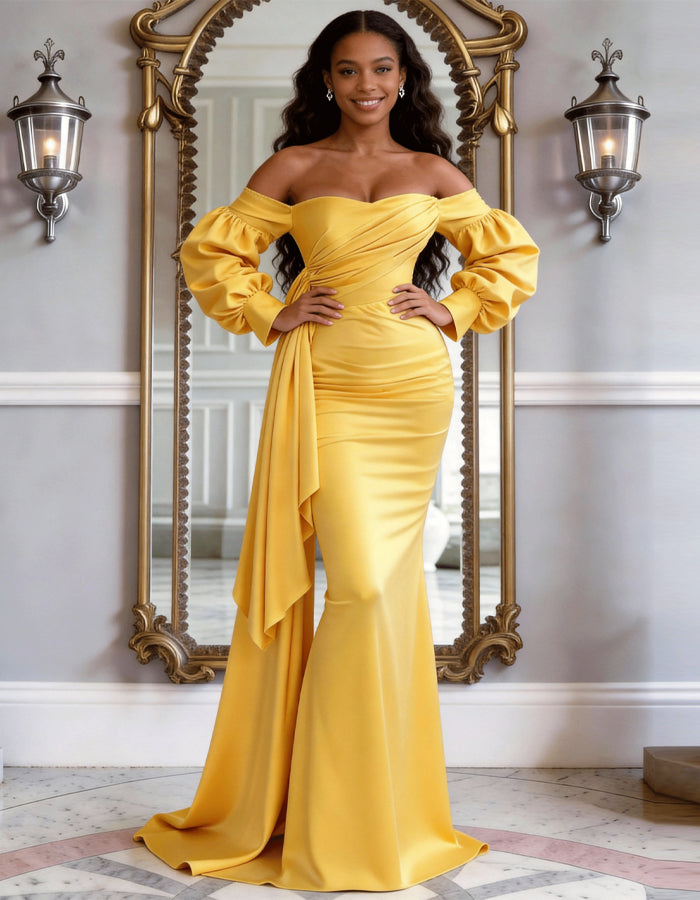 Solid Color Satin Off Shoulder Puff Sleeve Fishtail Maxi Dress