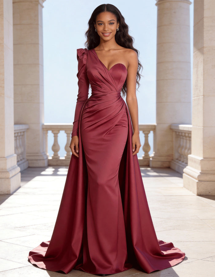Wine Red Satin One-Shoulder Fishtail Maxi Dress