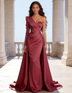 Wine Red Satin One-Shoulder Fishtail Maxi Dress