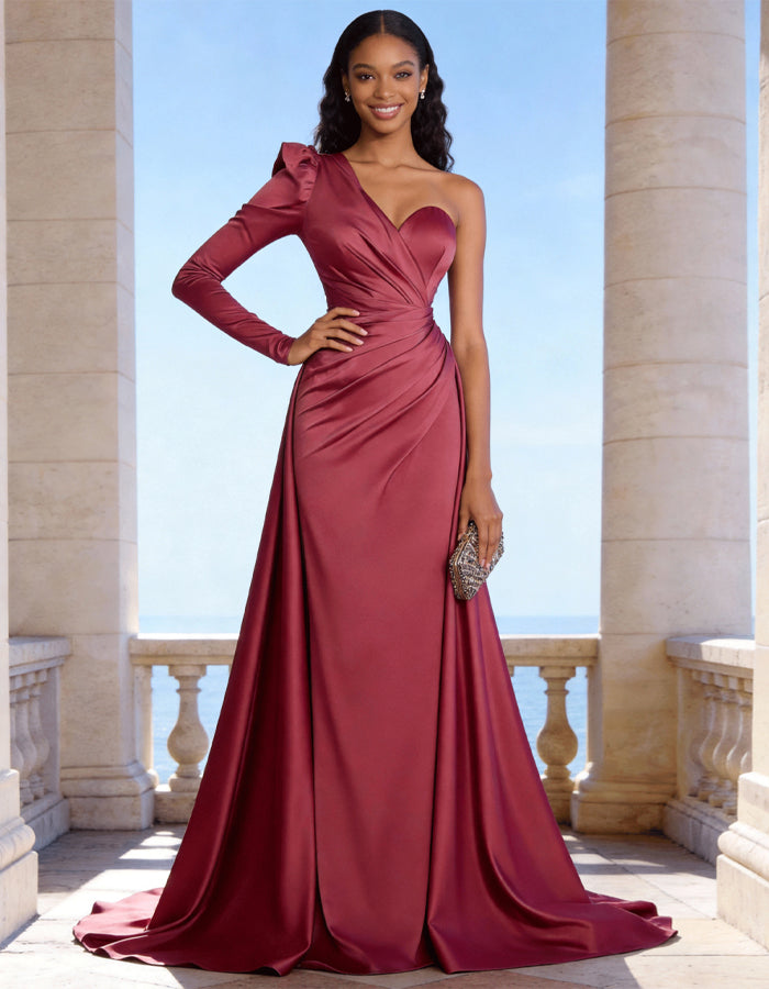 Wine Red Satin One-Shoulder Fishtail Maxi Dress