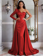 Wine Red Satin One-Shoulder Fishtail Maxi Dress