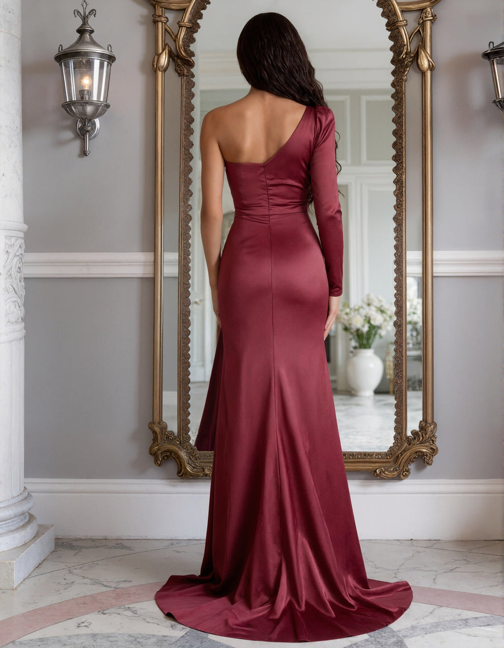 Wine Red Satin One-Shoulder Fishtail Maxi Dress