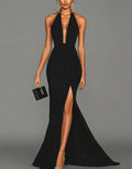 Black Halter Neck V-Neck High Fork Fishtail Maxi Dress