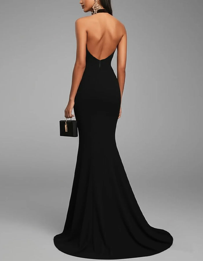 Black Halter Neck V-Neck High Fork Fishtail Maxi Dress