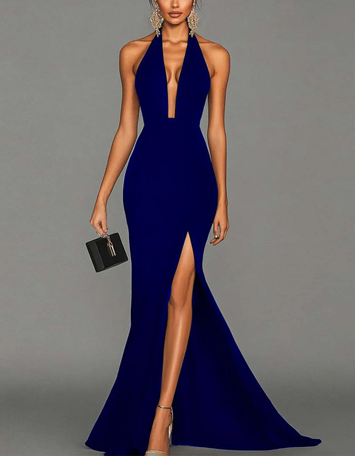Black Halter Neck V-Neck High Fork Fishtail Maxi Dress