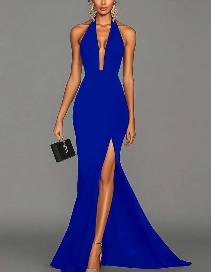Black Halter Neck V-Neck High Fork Fishtail Maxi Dress