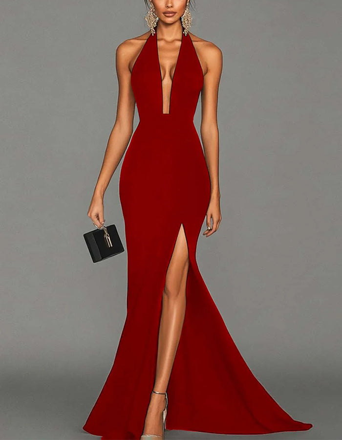 Black Halter Neck V-Neck High Fork Fishtail Maxi Dress